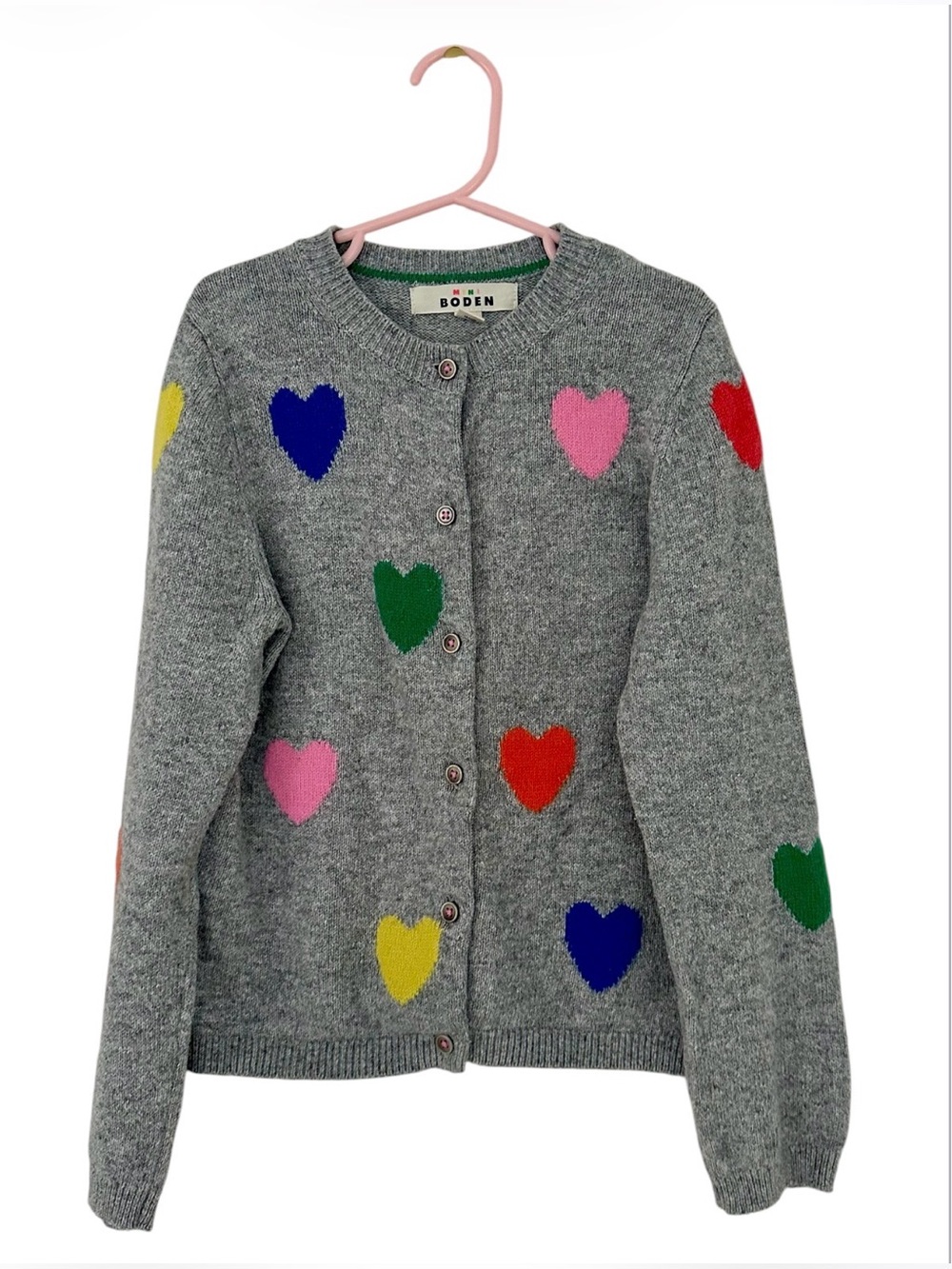 Mini Boden Girls Heart Cardigan Sweater Gray Multicolor Size 8-9Y